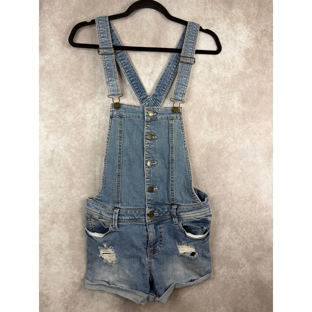 TINSELTOWN Women Denim Jean Shortalls Distressed Ripped Button Up Size Medium‎